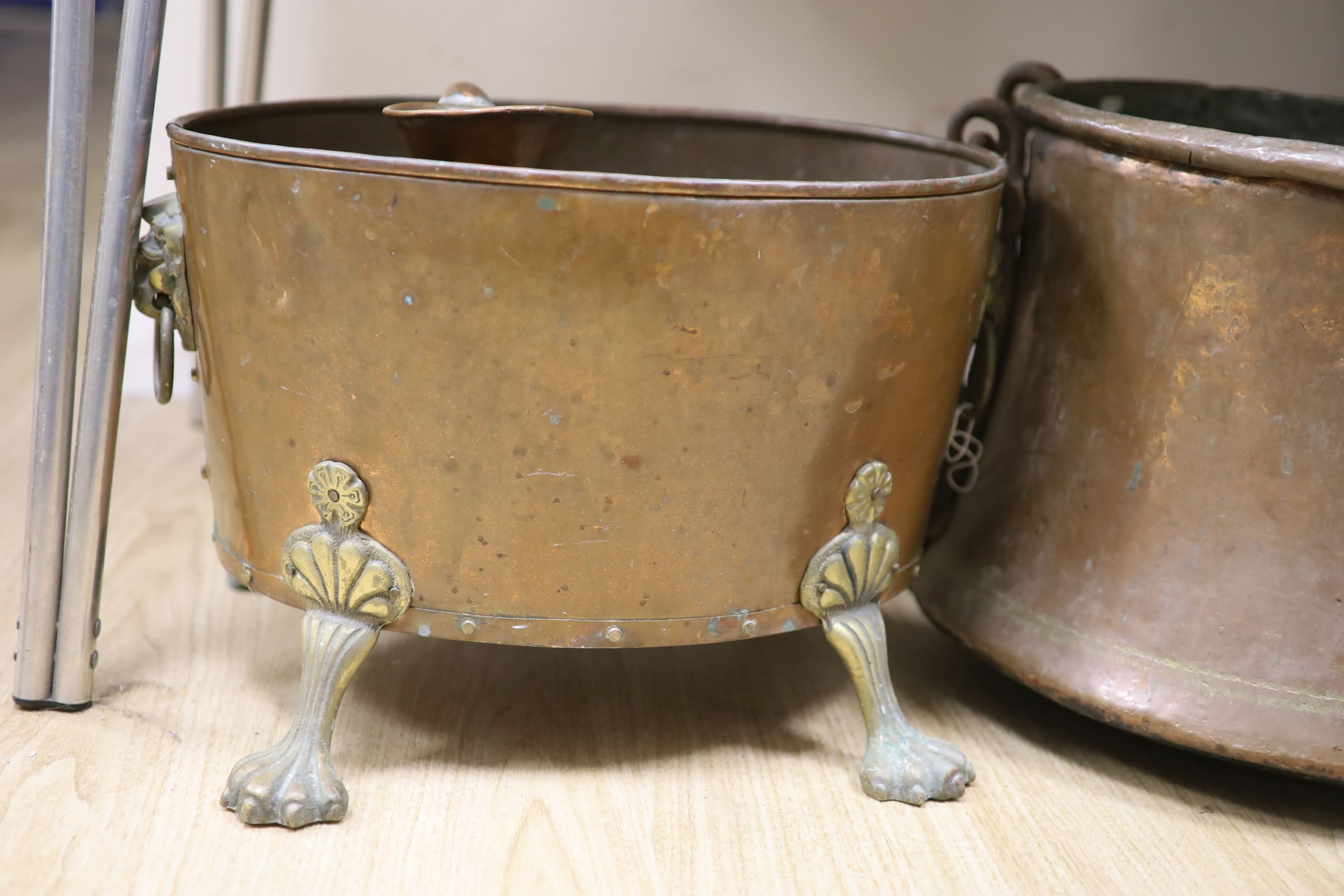 Two copper coal bins and a jug